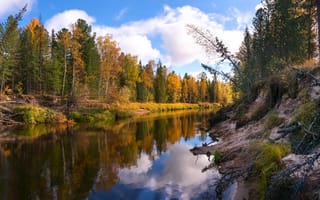 Картинка панорама, деревья, пейзаж, Краски осени, осень, лес, природа, река