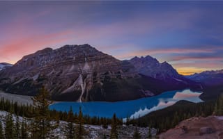 Картинка закат, Alberta, пейзаж, деревья, горы, Canada, Banff National Park, лес, Peyto Lake, панорама