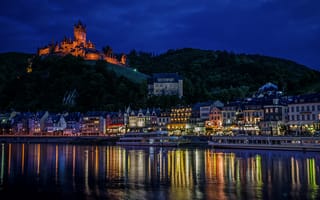 Картинка Cochem, замок, Moselle river, ночь, город, ночные города, дома, Germany, огни