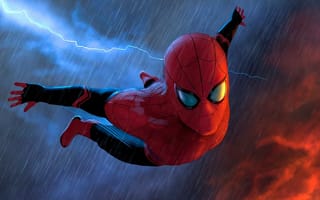 Картинка человек-паук, дождь, рендеринг, цифровое искусство, супергерои, картинки на телефон, мультфильмы