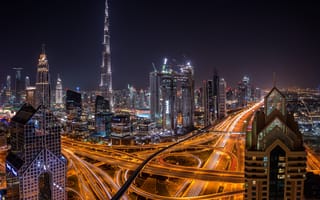 Картинка United Arab Emirates, город, ночь, дорога, огни, Dubai, Skyscrapers
