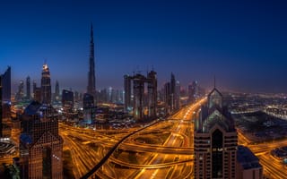 Обои Объединенные арабские Эмираты, дорога, ночь, город, Дубай, огни, Небоскрёбы