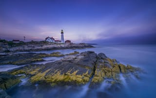 Обои Cape Elizabeth Lighthouse, США, закат, пейзаж, скалистый берег, Maine, море, Маяк Кейп Элизабет