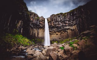 Картинка Исландия, Свартифосс, Скафтафетль, национальный парк, водопад, облака, скалы