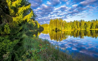 Картинка Швеция, природа, озеро, пейзаж, отражение, небо, деревья, лес