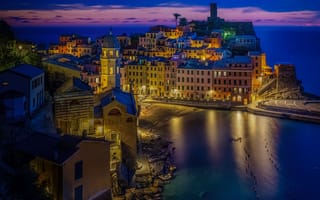 Обои ночь, огни, Liguria, море, город, Italy, Vernazza