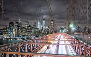 Картинка город, Манхэттен, небоскреб, архитектура, ночь, мост, движение, Нью-Йорк, соединенные штаты америки, США, горизонт, свет, здание