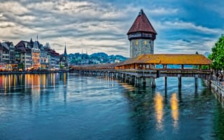 Картинка Река Рейсс, Мост Часовни, панорама, Водная башня и древний город Люцерн, Швейцария