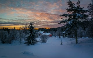 Картинка Lodge, снег, Norway, деревья, зима, закат, пейзаж