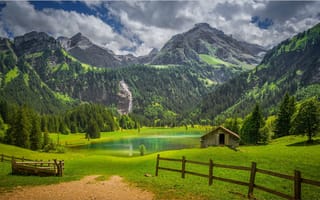 Картинка Gstaad region, домик, озеро, горы, Швейцария, пейзаж, деревья