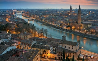 Картинка Verona, Италия, иллюминация, сумерки, закат, Верона, огни