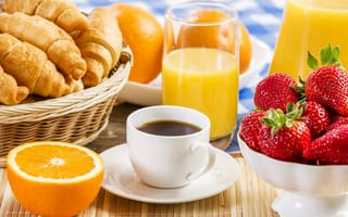 Обои клубника, кофе, фрукты, кексы, Завтрак, апельсиновый сок