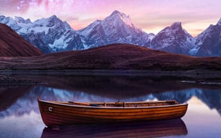 Картинка лодка, горы, ночь, природа, небо