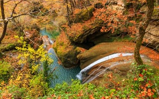 Обои осень, пейзаж, деревья, водопад, лес, река, краски осени, природа