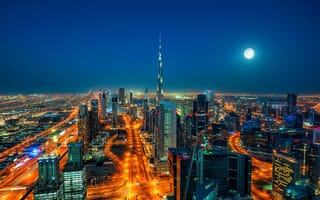 Картинка ОАЭ, освещение, луна, ночной город, ночь, Дубаи, огни