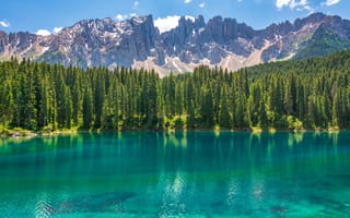 Картинка Италия, деревья, Доломитовые Альпы, живописные, озеро Карецца, отражением, чистой воды