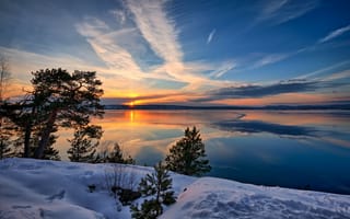 Картинка Хвервенбукта, снег, небо, закат, пейзаж, зима, дерево, Норвегия, море, природа