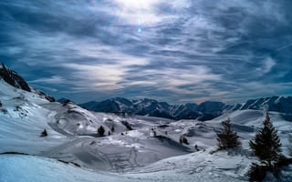 Картинка Юэ, закат, пейзаж, Франция, горы, небо, снег, зима, деревья