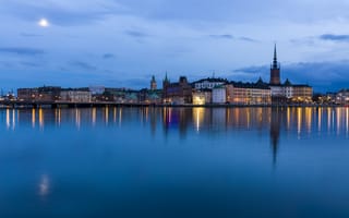 Картинка здания, Ночной город, Луна, ночь, Stockholm, город, Sweden