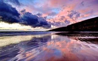 Картинка Гламорган, Великобритания, облака, берег, море, пейзаж, небо, Уэльс, природа, закат, побережье, отражение