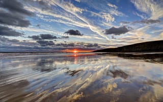 Картинка Гламорган, море, отражение, побережье, закат, Великобритания, природа, облака, Уэльс, берег, небо, пейзаж