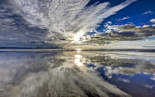 Картинка Гламорган, Великобритания, небо, природа, побережье, отражение, закат, море, облака, Уэльс, берег, пейзаж