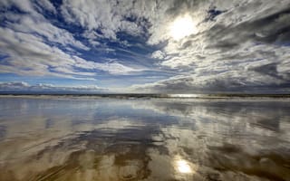 Картинка Гламорган, отражение, пейзаж, побережье, берег, Уэльс, небо, облака, закат, Великобритания, природа, море