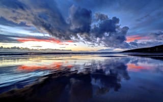 Картинка Гламорган, Уэльс, природа, берег, пейзаж, отражение, побережье, небо, закат, море, облака, Великобритания