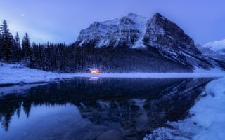 Картинка закат, дом, зима, Lake Louise, Banff National Park, пейзаж, горы, Canada