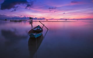 Картинка лодка, океан, остров, вечер, восход солнца, пейзажи, фотографии