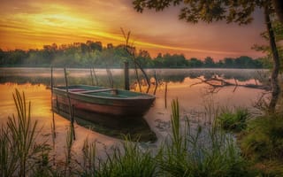 Картинка Йоркшир, лодка, пейзаж, закат, Канада, деревья, озеро