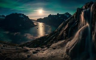 Картинка водопад, лунный свет, скалы, фьорд, снег, река, ночь, горы