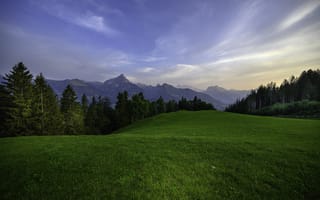 Картинка Вид на Мюрцхенсток, поле, Арвенбюль, горы, закат, Санкт-Галлен, деревья, Швейцария, пейзаж, холм