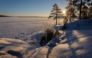 Картинка пейзаж, ледяной снег, зима, деревья, закат, мороз