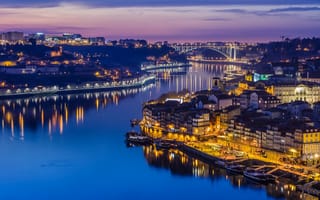 Картинка Porto, дома, Portugalia, сумерки, мост, река, город, небо, огни, ночь, иллюминация