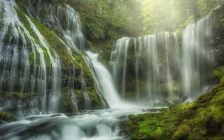 Картинка Panther Creek Falls, скалы, лес, мох, природа, река, Washington, пейзаж, водопад, туман, утро