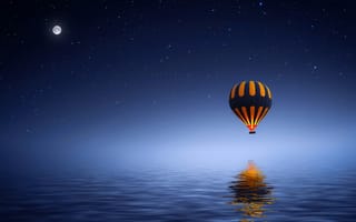 Картинка море, ночь, волны, воздушный шар, вода, Луна, арт, фотошоп