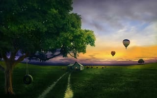 Картинка воздушные шары, пейзаж, поле, деревья, деревня, дорога, дом, закат