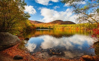 Картинка Autumn at Mirror Lake, пейзаж, деревья, New Hampshire, озеро, Woodstock, осень, осенние листья, природа