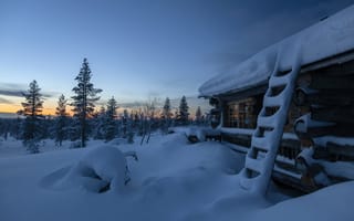 Картинка Saariselka, снег, Саариселка, домик, деревья, Финская Лапландия, Lapland, Финляндия, природа, сугробы, пейзаж, закат, зима, Finnish