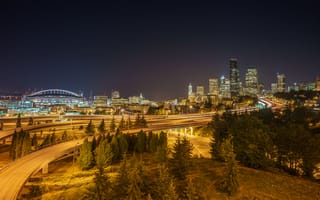 Картинка Rizal Bridge, Washington, Seattle, ночь, огни, Beacon Hill
