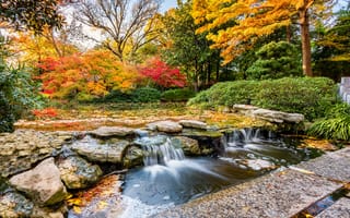 Картинка Fort Worth, пейзаж, парк, осень, камни, United States, деревья, осенние краски, водопад, река
