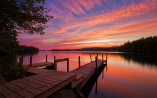 Картинка Squam Lake Sunset, Нью-Гемпшир, мостик, небо, озеро, закат, пейзаж, причал, Новая Англия