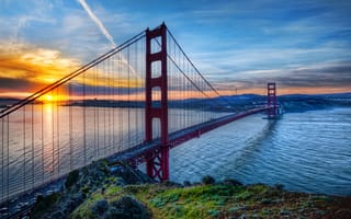 Картинка Мост Золотые Ворота, пейзаж, закат, Сан-Франциско, небо
