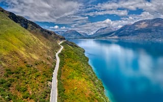 Картинка Гленорчи, Рай, Дорога, озеро Вакатипу, облака, Новая Зеландия, небо, Квинстаун, пейзаж