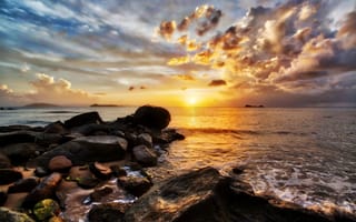 Картинка Британские Виргинские острова, закат, волны, пейзаж, берег, камни, море, Карибский бассейн