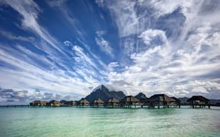 Картинка Bora Bora, Бунгало, небо, облака, море, океан