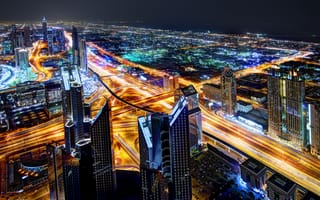 Картинка Dubai, ночь, дорога, огни, город, Объединенные Арабские Эмираты, иллюминация