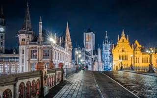Картинка Belgium, ночь, Ghent, мост, освещение, панорама, город, здания