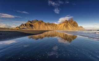 Картинка Iceland, облака, вода, пейзаж, отражение, побережье, горы, море
